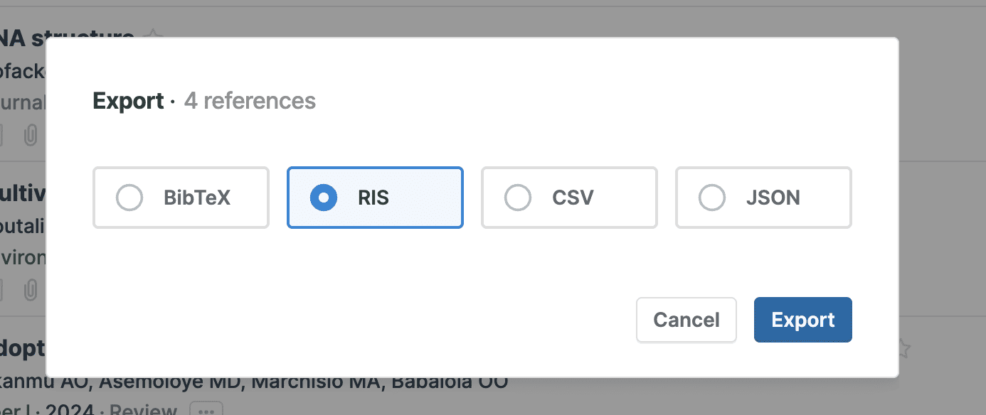 The “Export · 4 references” dialog with format choices BibTeX, a selected RIS, CSV and JSON, above Cancel and Export buttons.